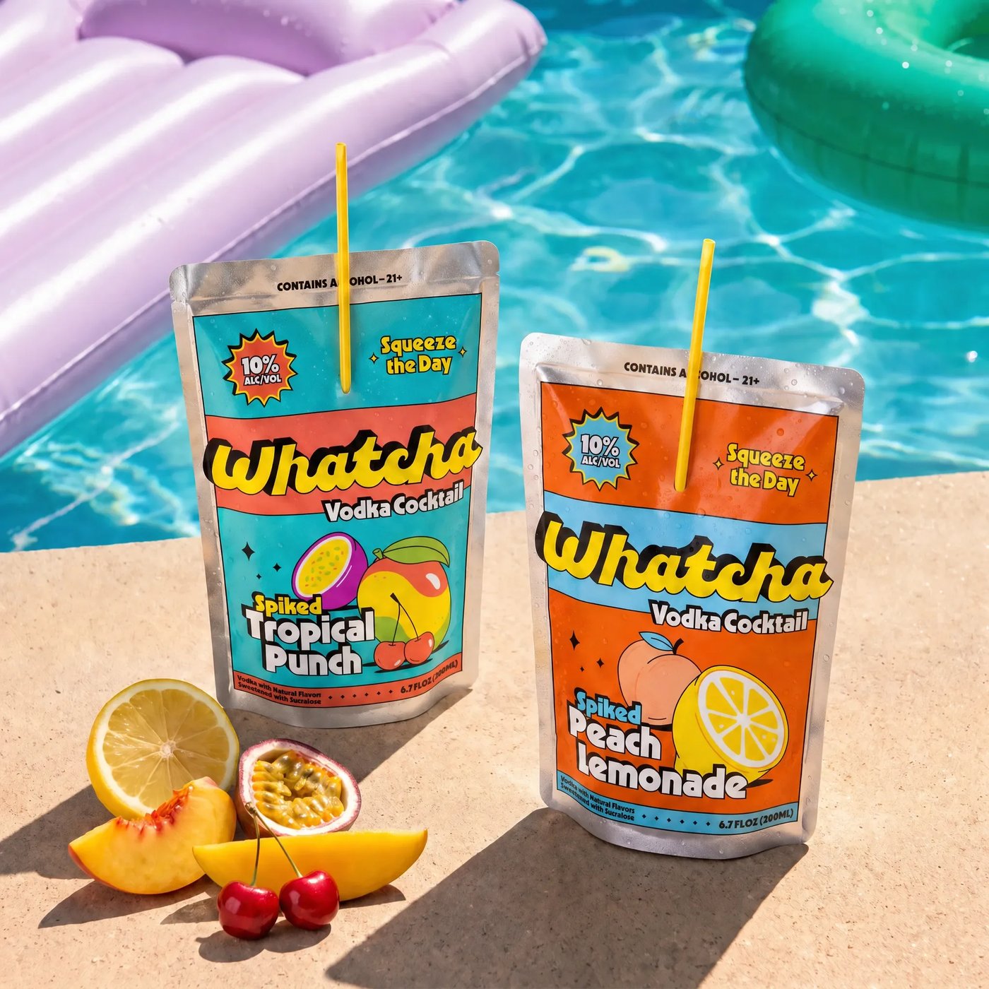 Two Whatcha pouches poolside with fresh fruit
