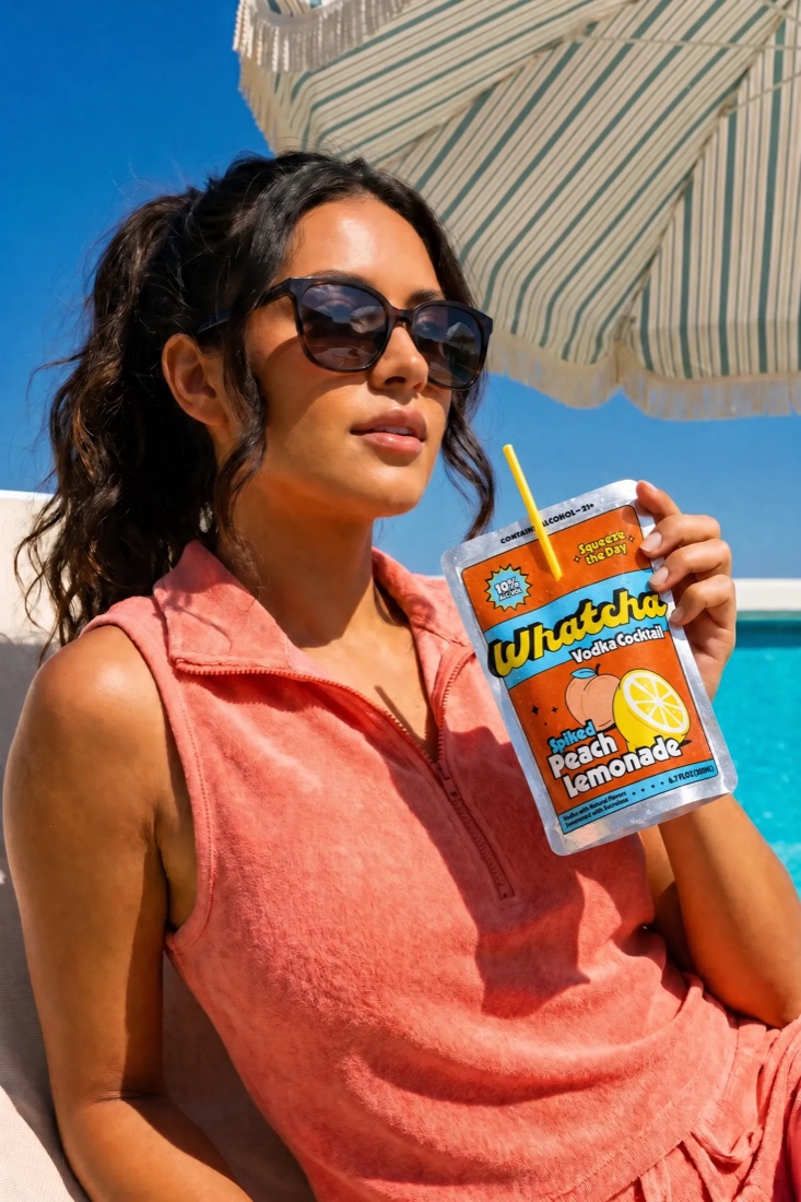 Woman poolside holding a Whatcha Spiked Peach Lemonade pouch